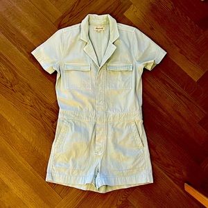Mint Green Romper XS, denim coverall, collared neck, button tabs at waist